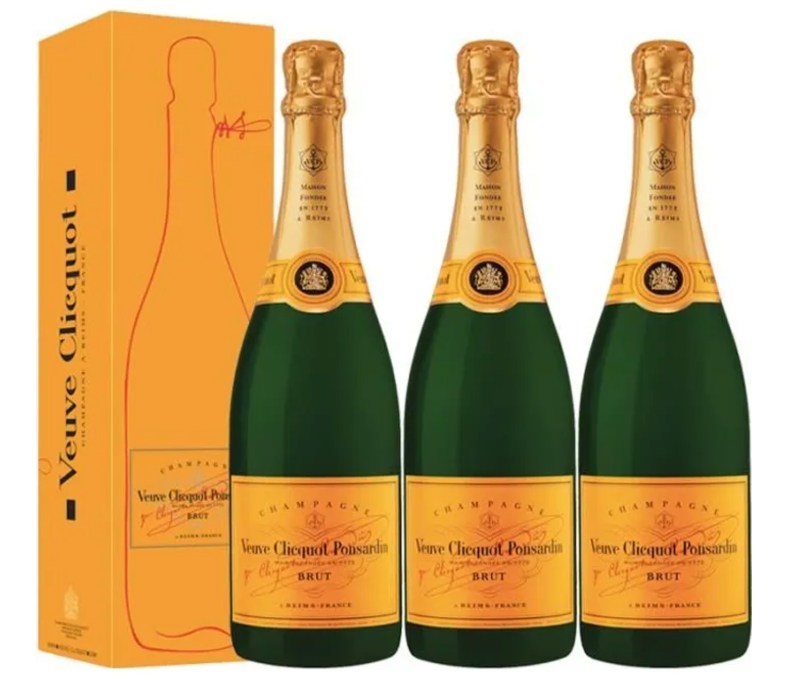 Champagner-Set Veuve Clicquot Brut– 3× Brut Carte Jaune – 75cl mit Geschenkboxen